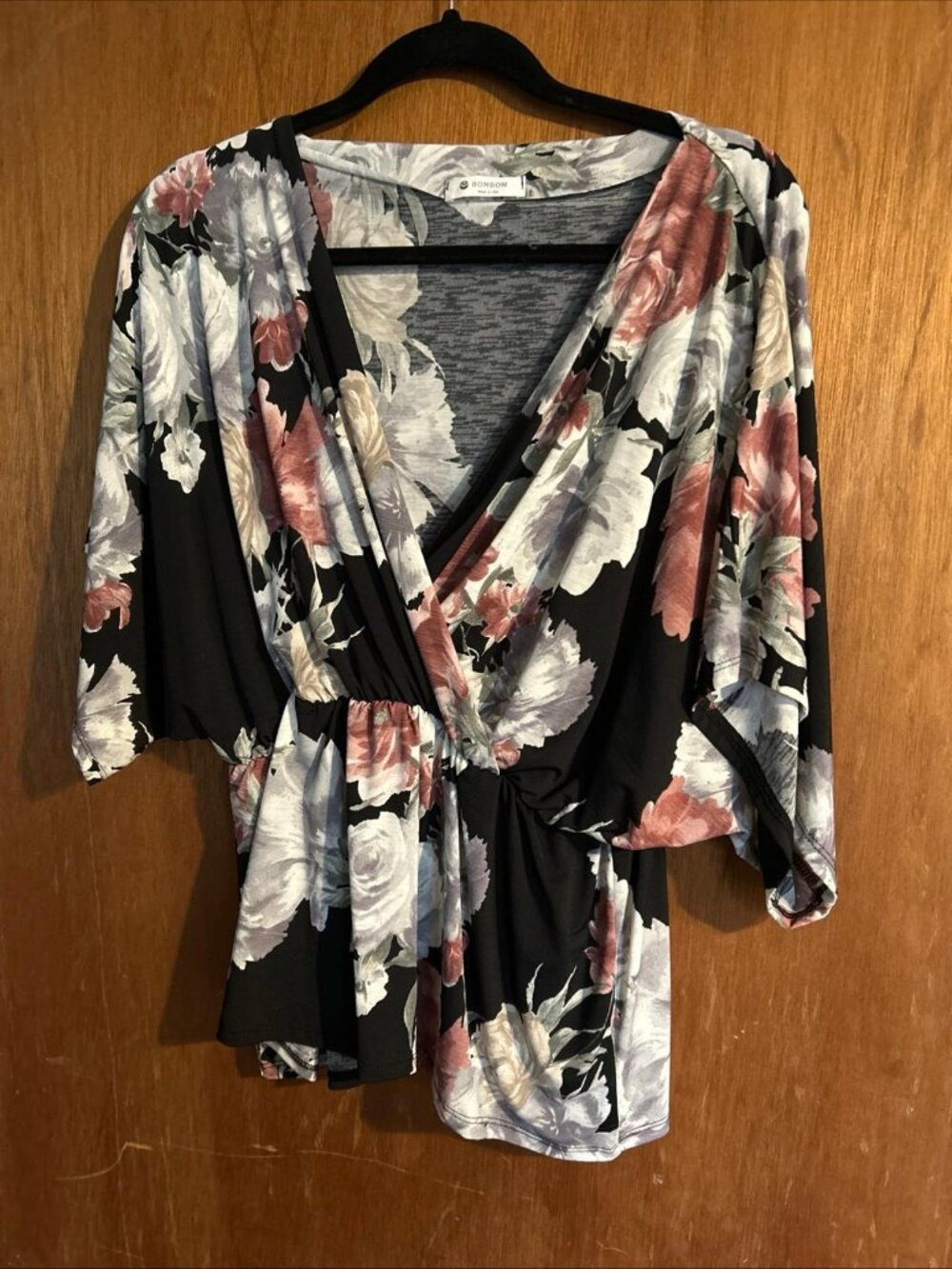 BOMBOM Black Floral Wrap Top Elastic Waist Large NWOT
